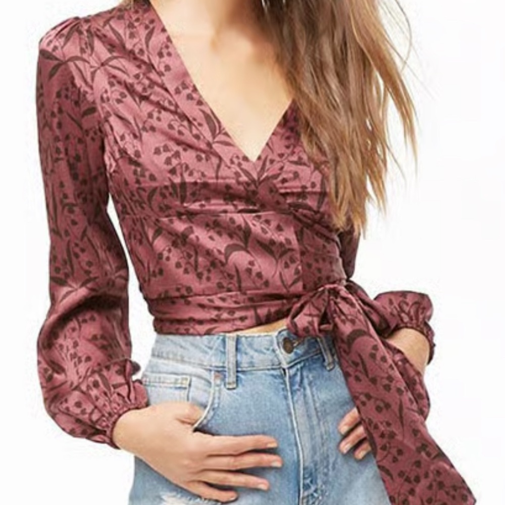 Forever 21 Satin Long Sleeve Top with Tie Front - Size S